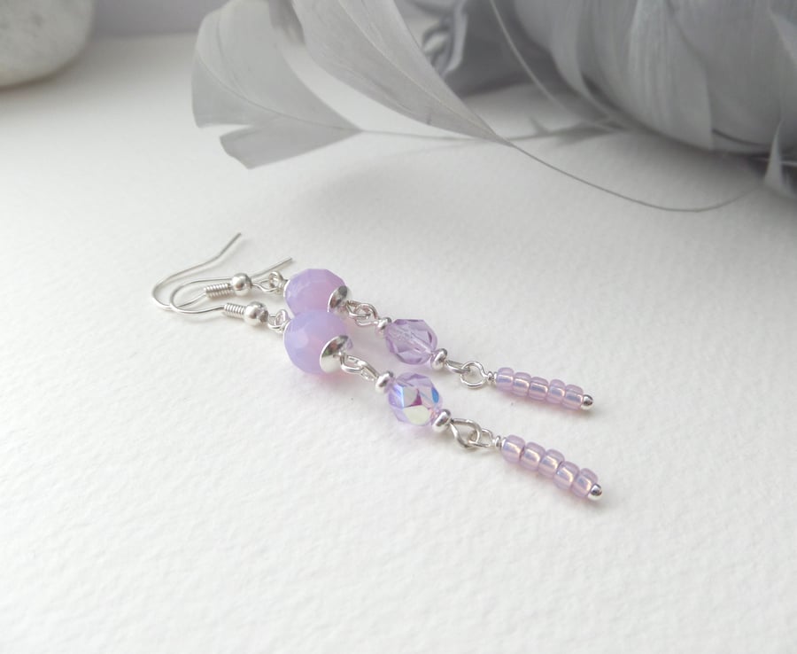 Lilac Silver Earrings, Faceted Glass Dangle Earrings