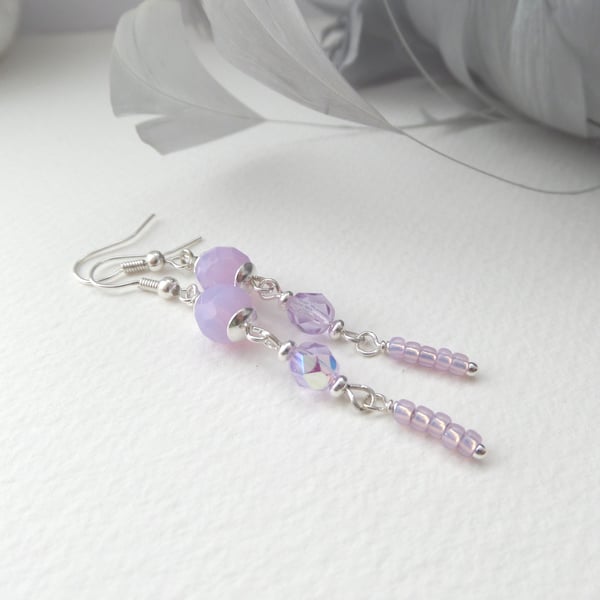 Lilac Silver Earrings, Faceted Glass Dangle Earrings