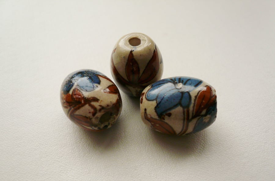 3 Blue Flowered Oval Ceramic Focal Beads