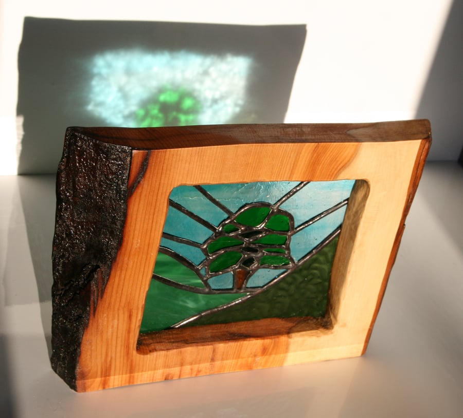 Stained glass Sycamore Gap in Yew wood frame sun catcher 