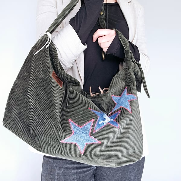 Corduroy large handbag, Weekenderbag, shoulder bag with denim stars 