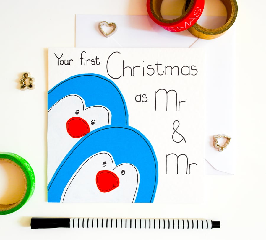 Your First Christmas As Mr And Mr Xmas Card, Newly Married Gay Penguins Card