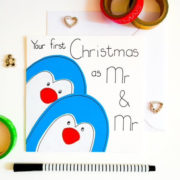 Your First Christmas As Mr And Mr Xmas Card, Newly Married Gay Penguins Card