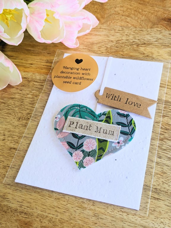 Plant Mum Hanging Heart Decoration with Plantable Wildflower Seed Backing Card