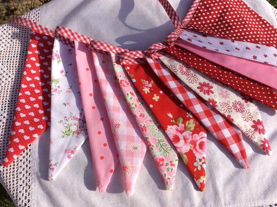 Pink and red Bunting - 12 flags, spots, floral and patterns 2.4m with ties