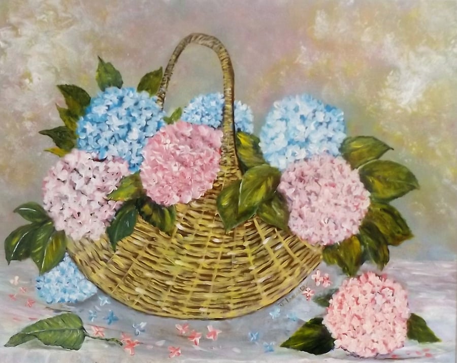 Acrylic painting of hydrangea cut flowers titled Home Grown