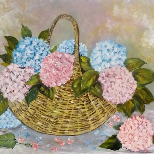 Acrylic painting of hydrangea cut flowers titled Home Grown