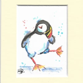 Puffin in a mount Miniature Original ACEO painting