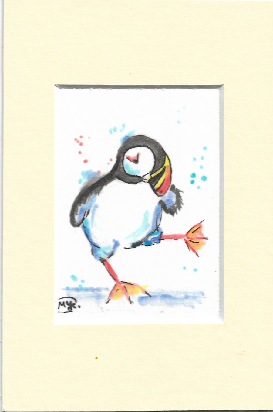 Puffin in a mount Miniature Original ACEO painting