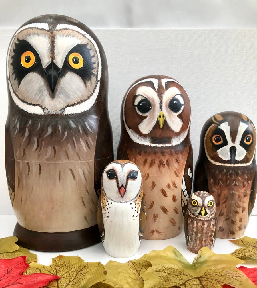 Owl nesting dolls (set of 5)  7 inch tall Russian dolls