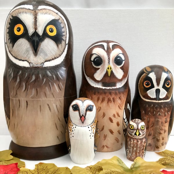 Owl nesting dolls (set of 5)  7 inch tall Russian dolls