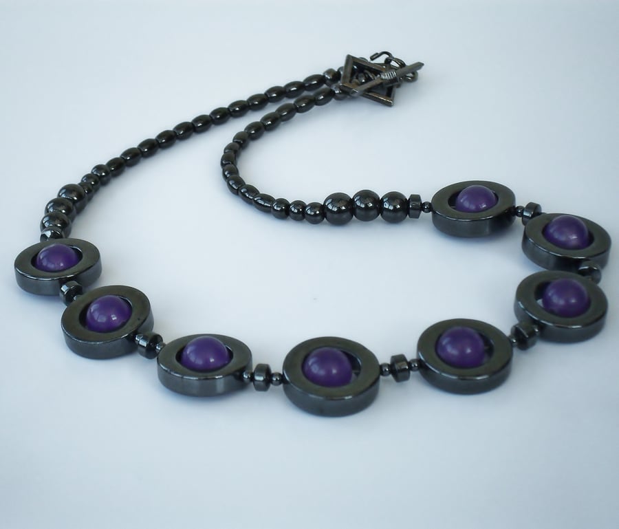 Purple alexandrite and hematite necklace