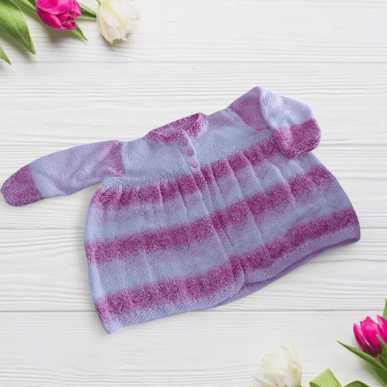 Baby Girl Hand Knitted Cardigan Pink White, Heart Pattern, Baby Shower Gift