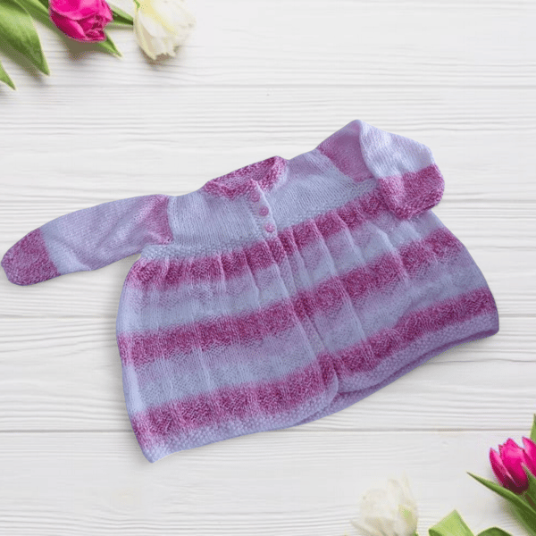 Baby Girl Hand Knitted Cardigan Pink White, Heart Pattern, Baby Shower Gift