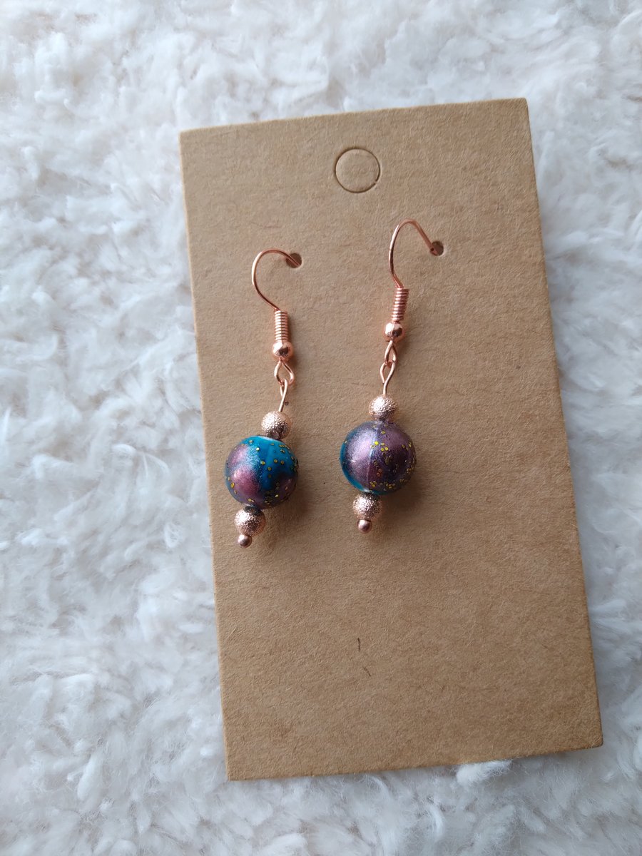 ChrissieCraft turquoise and gold glass bead rose gold earrings