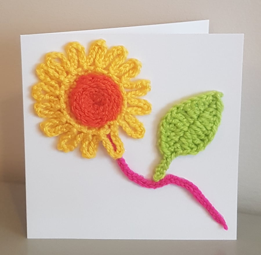 Handmade card with bright sunflower & leaf