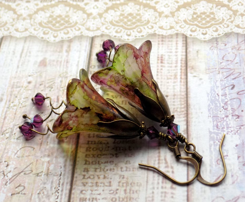 Plum Purple Green Gold "Illusion of Time" Hand Painted Lucite Flower Earrings