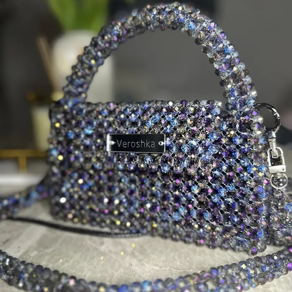 Handmade Crystal Beaded Evening Bag, Iridescent Glass Mini Purse, Evening Clutch