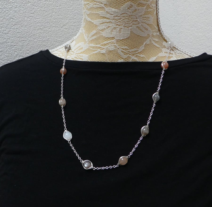 Sterling silver long moonstone necklace, June birthstone hallmarked necklace