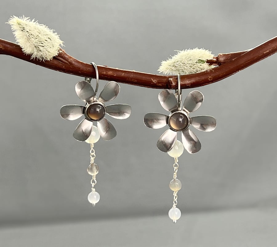 Metal Flower Lever Back Earrings With Grey Agate Stainless Steel