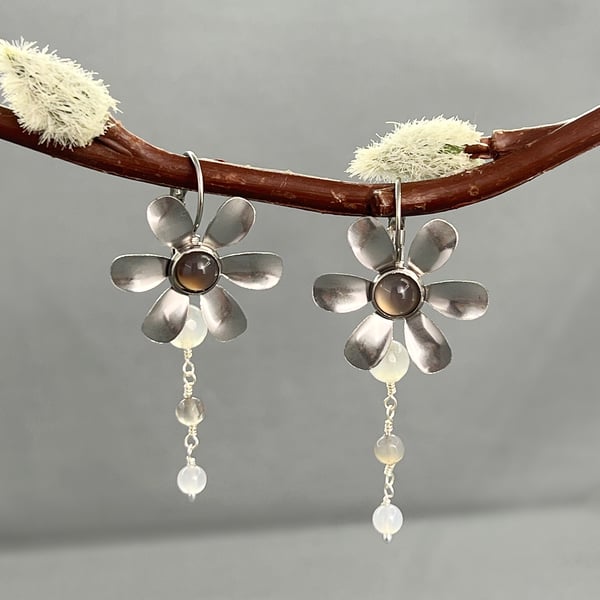 Metal Flower Lever Back Earrings With Grey Agate Stainless Steel