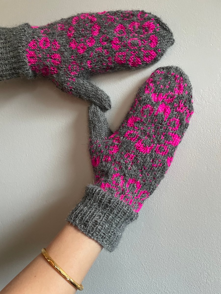 Hand knit alpaca merino wool grey neon pink mittens floral fairytale fairisle 