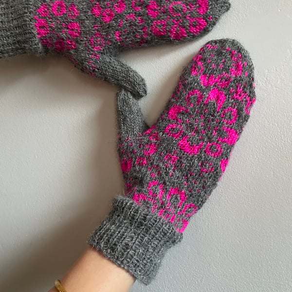Hand knit alpaca merino wool grey neon pink mittens floral fairytale fairisle 