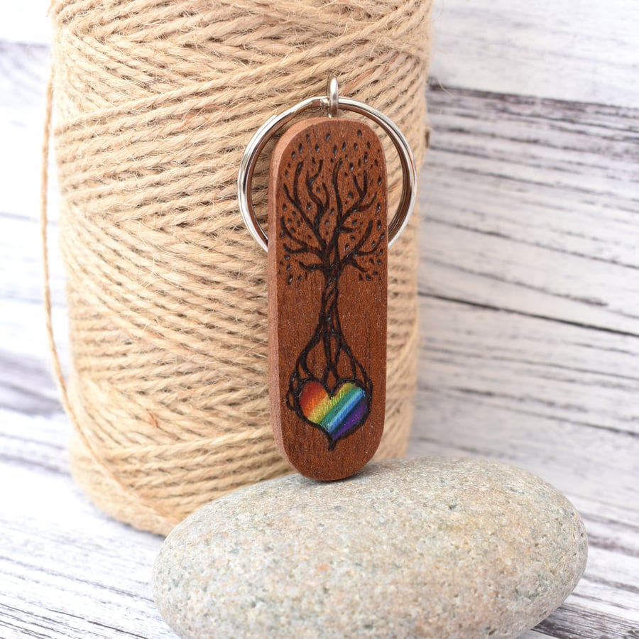 Pyrography 'Hugs' keyring rainbow heart tree. Sapele wood key ring.