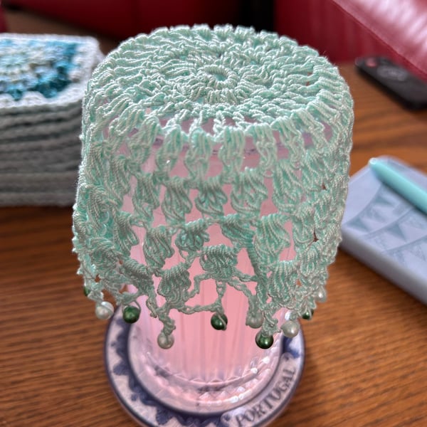 Crocheted Beaded Doily Glass Bowl Cover