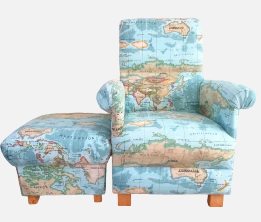 Adult Armchair & Footstool Prestigious Atlas Azure Blue Fabric Chair Maps Globe