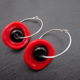 lampwork glass poppy hoop earrings