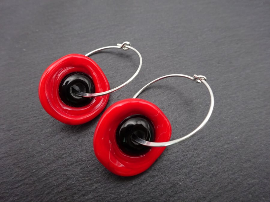 lampwork glass poppy hoop earrings