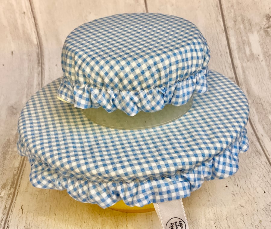 Set of two bowl covers for dips. Pale blue check