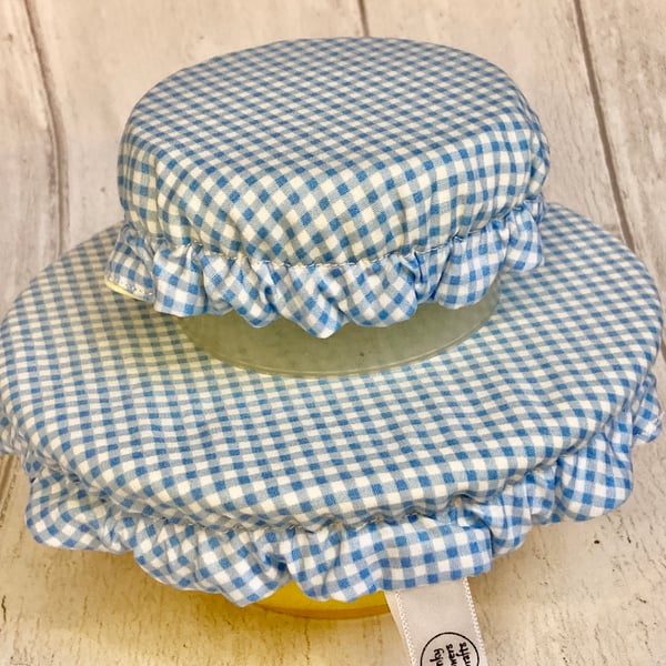 Set of two bowl covers for dips. Pale blue check