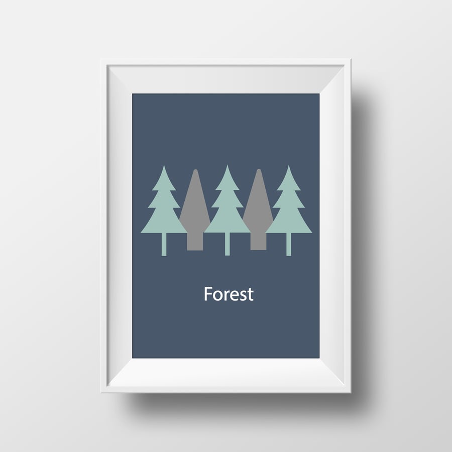 Print with Dark Blue Background and Forest Design