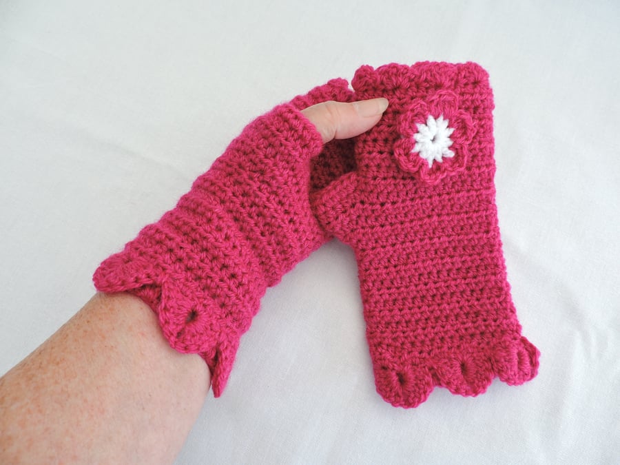 Clearance Sale now 5.00  Fingerless Mittens with Dragon Scale Cuffs Cerise Pink