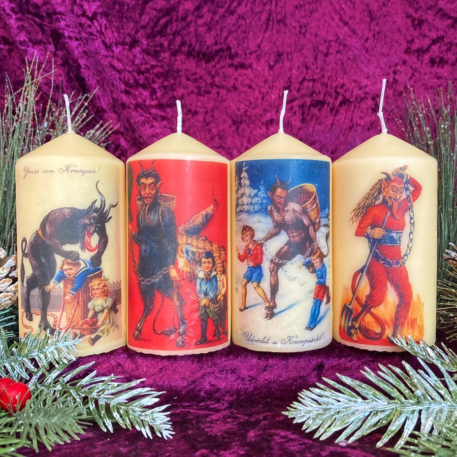 Set Of Four Kitsch Festive Christmas Krampus Scented Candles 