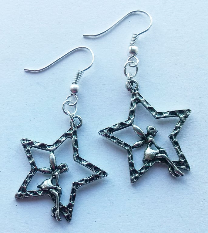 Silver Plate Star Fairy Drop Dangle Charm Celestial Earrings