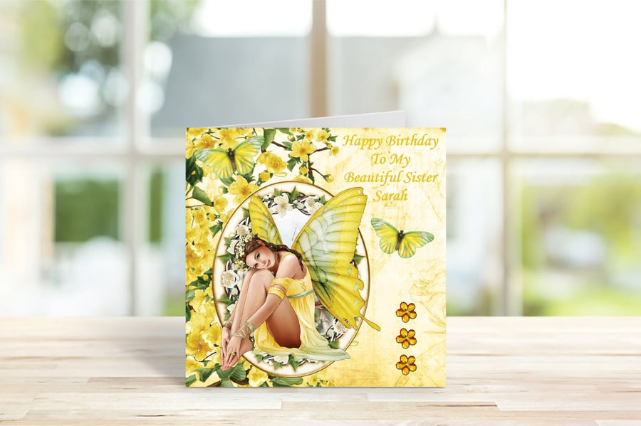 Yellow Fairy 3D Personalised Greeting Card. Tanya