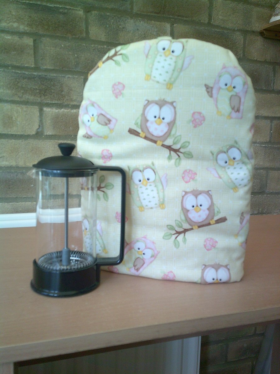 Small Coffee Pot cosy with Contemporary Owls on a Pale Lemon Background