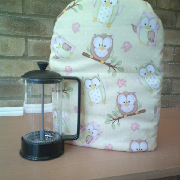 Small Coffee Pot cosy with Contemporary Owls on a Pale Lemon Background