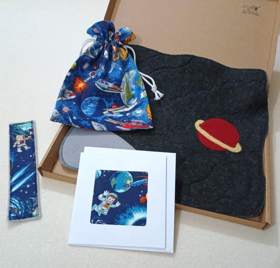 Space Gift set for child - playscene, toy bag, bookmark, card
