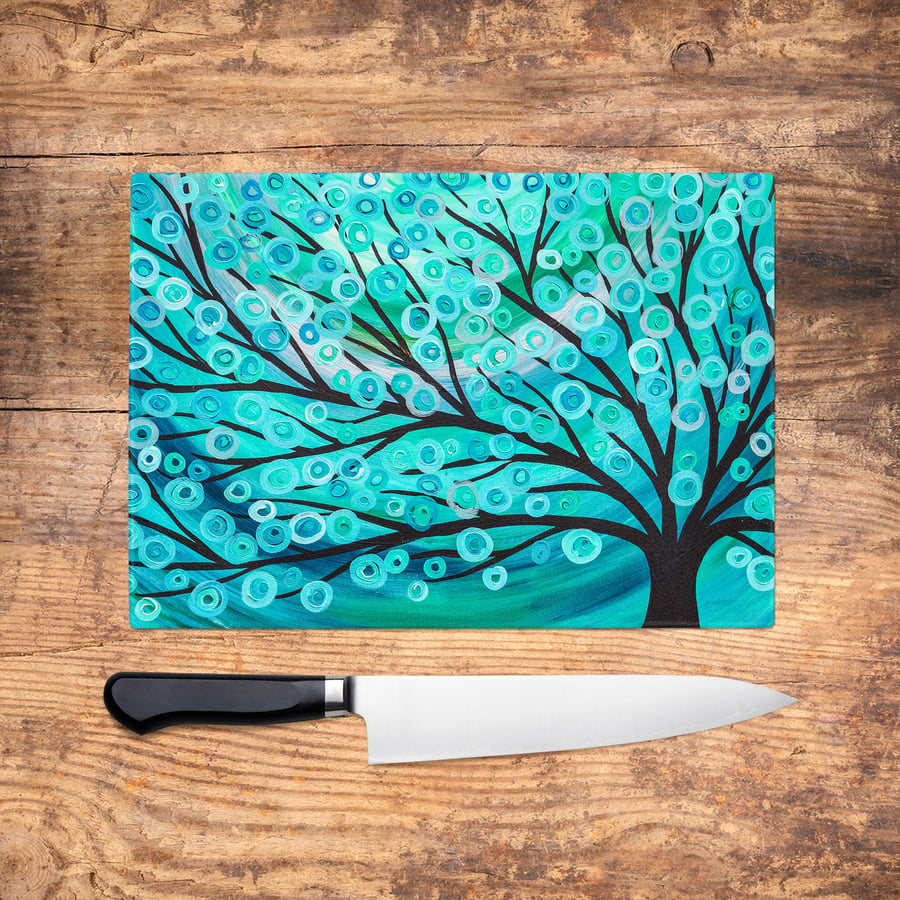 Teal Tree Glass Chopping Board - Teal & Turquoise Abstract Worktop Saver, Platte