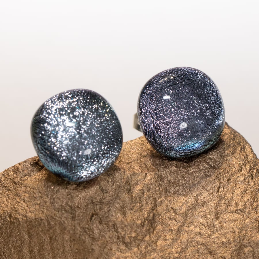 Silver Dichroic Glass Earrings on Sterling Silver Studs - 2033
