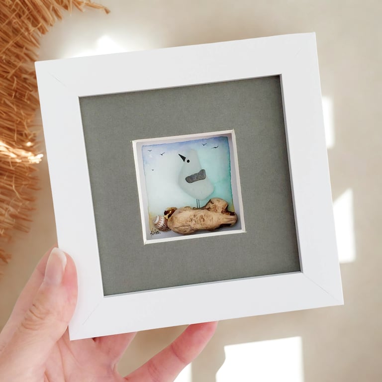 Sea Glass Seagull Desk Art, Mini Coastal Watercolour Picture, Unique Beach Gift
