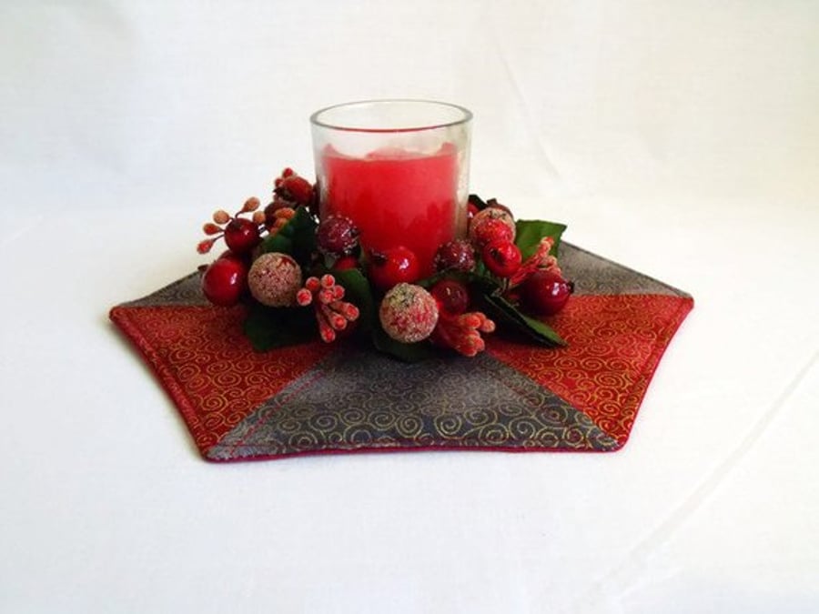 red and grey patchwork christmas doily, quilted candle mat table decoration