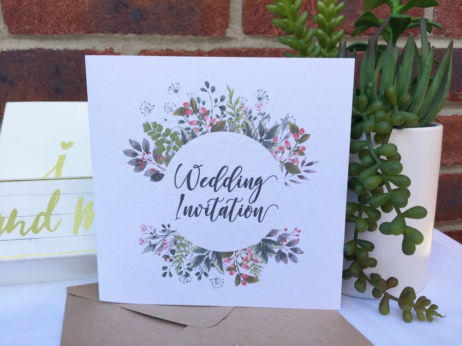 PERSONALISED wedding invitation wild flower floral wreath leaf foliage 6in card