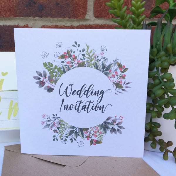 PERSONALISED wedding invitation wild flower floral wreath leaf foliage 6in card