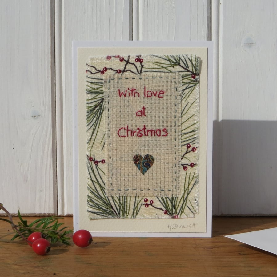With Love at Christmas, hand-stitched text with heart and pine tree fabric