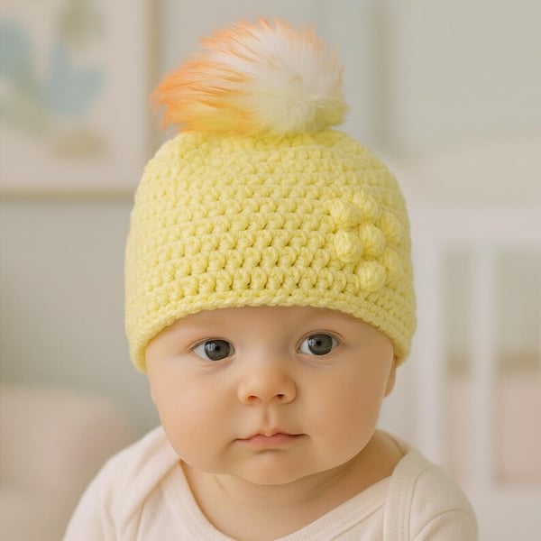Lemon baby crocheted hat white faux fur pompom with orange yellow & green 